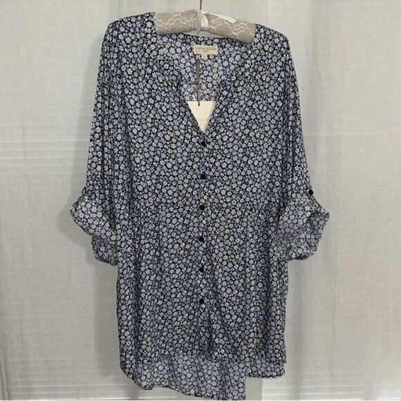 Cynthia Rowley 3X Navy White Ditsy Floral V-Neck Button Front Tunic - Picture 3 of 14